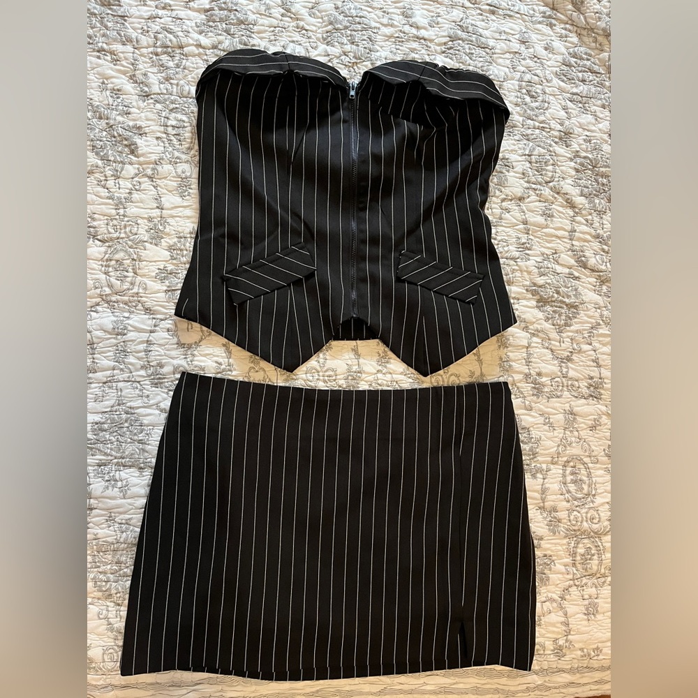 superdown Black Pinstripe Skirt Set